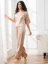 [Champagner] SilkSilky-DE Half Sleeve Round Neck Damen Pyjamas 004