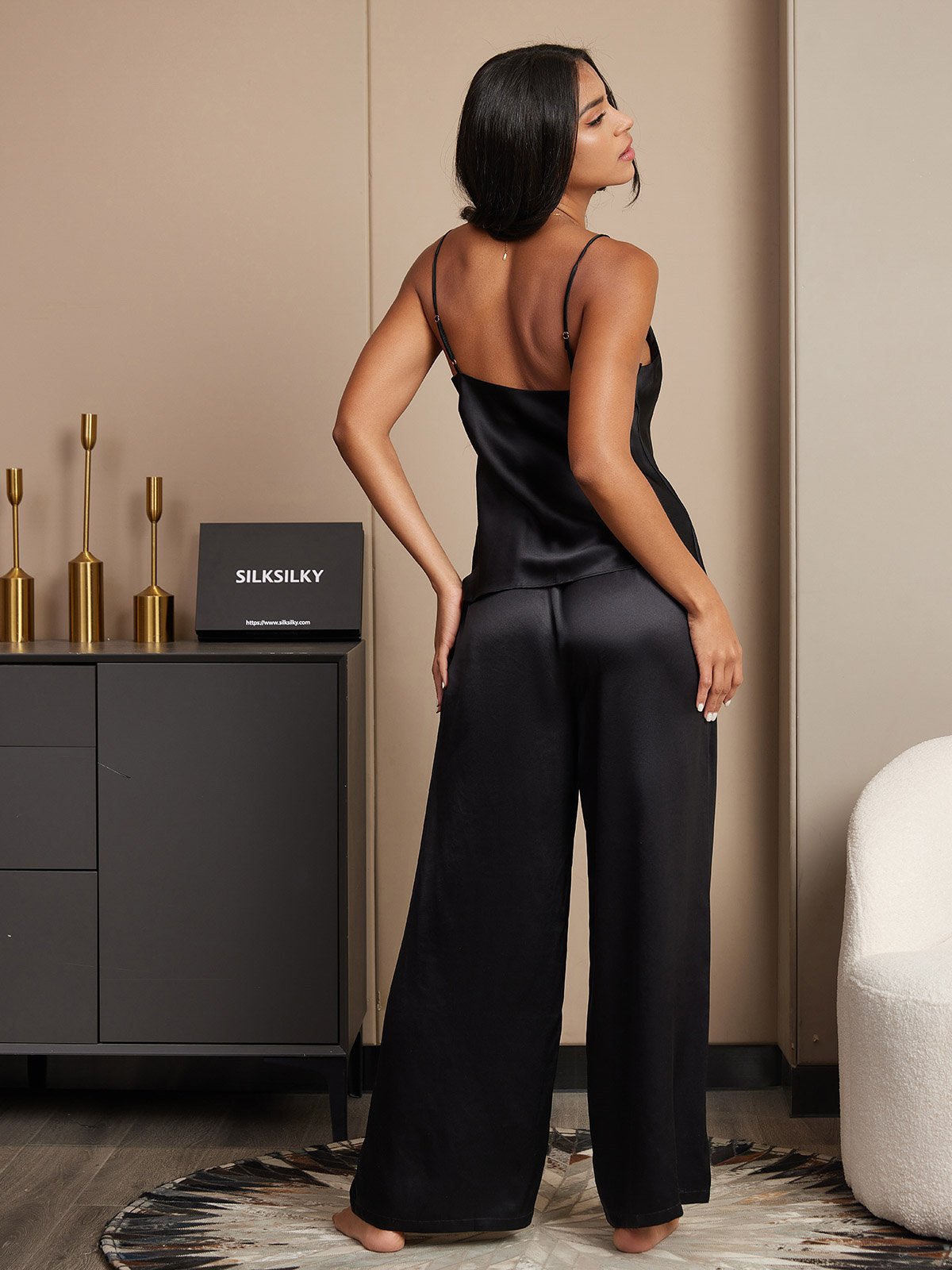 [Schwarz] SilkSilky-DE Reine Seide V Ausschnitt Camisole-Set 002,