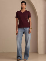 [Rotwein] SilkSilky-DE Short Sleeve V Neck T-Shirt 005
