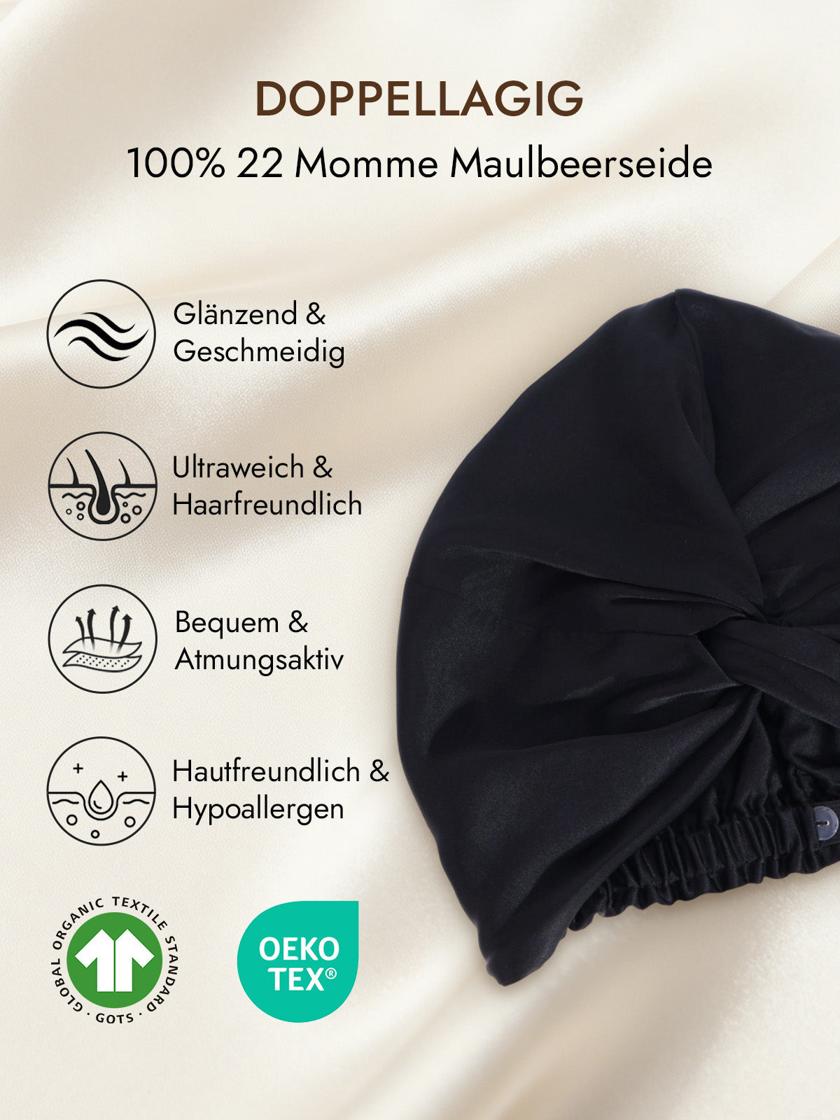 [Schwarz] SilkSilky-DE 22Momme Reine Seide Sleep Cap 002