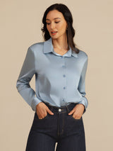 [Graublau] SilkSilky-DE Long Sleeve Lapel Collar Damenhemd 005