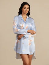 [Hellblau] SilkSilky-DE Long Sleeve Lapel Collar Schlafhemd 003