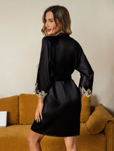 [Schwarz] SilkSilky-DE 3/4 Sleeve Damen Morgenmantel 002