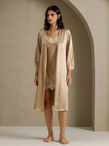 [Champagner] SilkSilky-DE 3/4 Sleeve V Neck Nachthemd&Morgenmantel Set 010