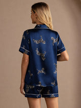 [Marineblaues Zebra] SilkSilky-DE Short Sleeve Lapel Collar Damen Pyjamas 002