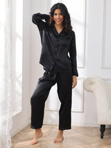 [Schwarz] SilkSilky-DE Long Sleeve Notch-Kragen Damen Pyjamas 005