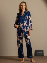 [Dunkelblau] SilkSilky-DE Long Sleeve Notch-Kragen Damen Pyjamas 007