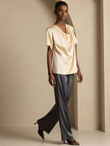 [Champagner] SilkSilky-DE Short Sleeve Cowl Neck Damenblusen 007