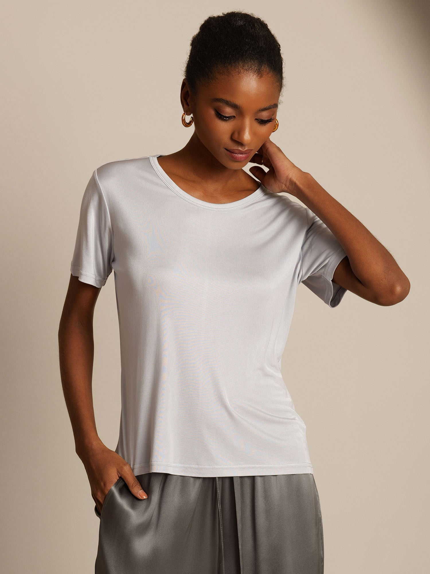 [Silber] SilkSilky-DE Seidenstrick Womens T-Shirt 006,