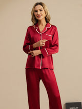 [Rotwein] SilkSilky-DE Langärmelig Notch-Kragen Damen Pyjamas 008