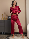 SilkSilky-DE Reine Seide Langärmelig Revers Damen Pyjamas Rotwein 004