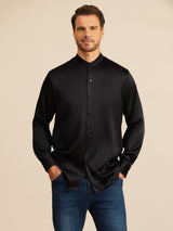[Schwarz] SilkSilky-DE Long Sleeve Stand Collar Herrenhemd 001