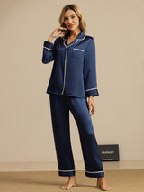 [Dunkelblau] SilkSilky-DE Langärmelig Notch-Kragen Damen Pyjamas 006