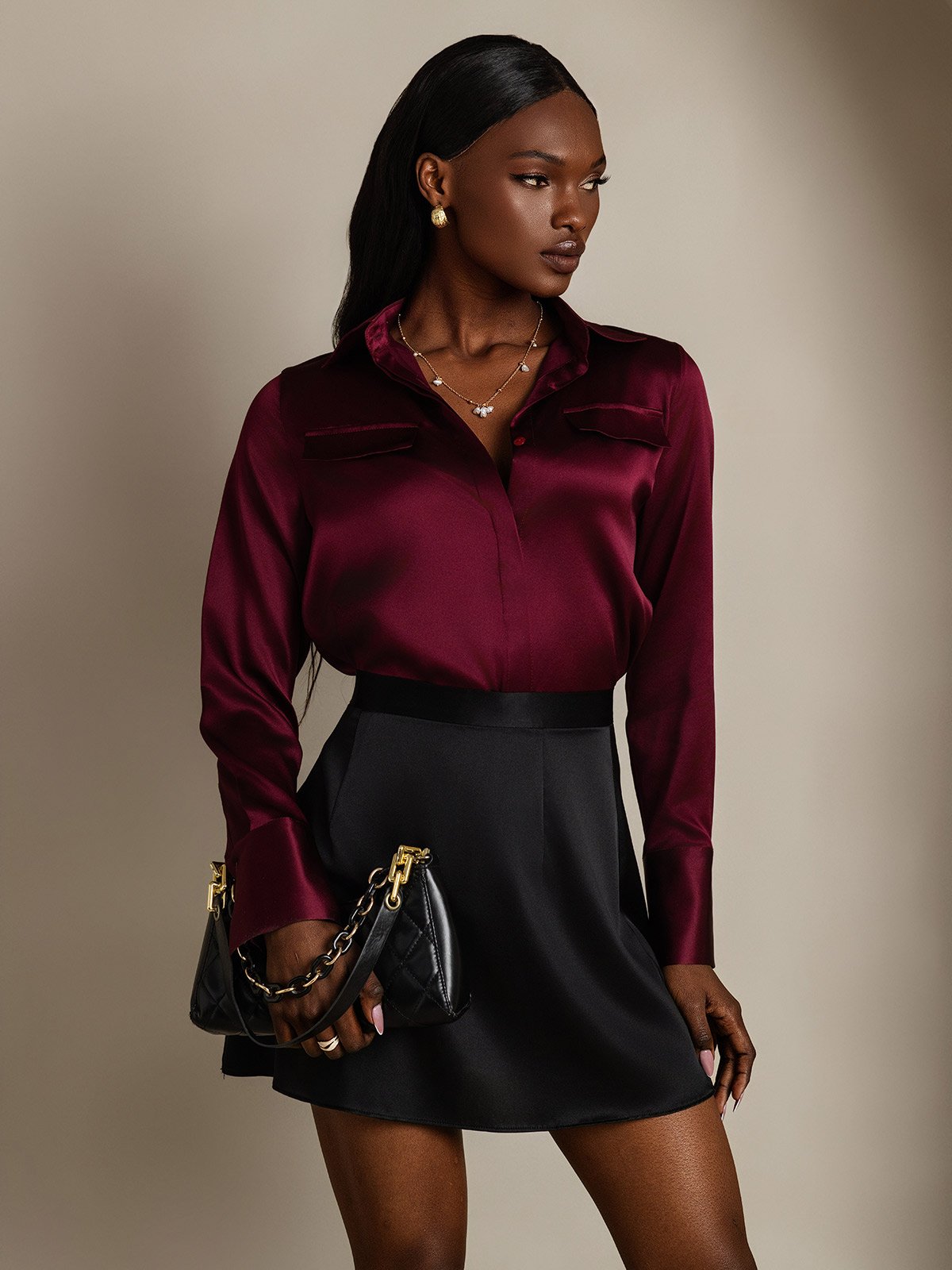 SilkSilky-DE 19Momme Seide Langärmelig Umlegekragen Damenhemd Dunkelrot 001