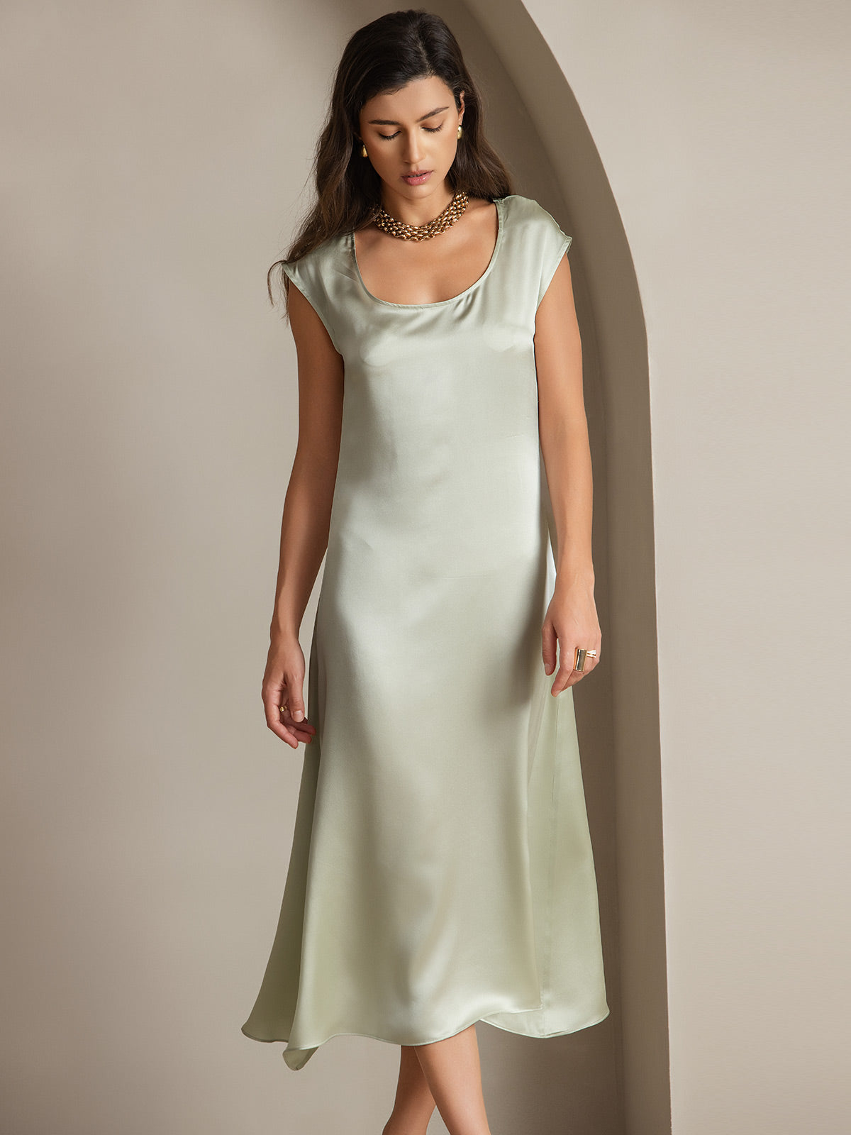 [Hellgrün] SilkSilky-DE 19Momme Seide Dress 004