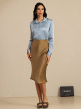 [Graublau] SilkSilky-DE Long Sleeve Lapel Collar Damenhemd 007