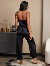 [Schwarz] SilkSilky-DE Spaghettiträger V Ausschnitt Camisole-Set 003