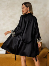[Schwarz] SilkSilky-DE Reine Seide 3/4-lange Ärmel V Ausschnitt Damen Pyjamas 002