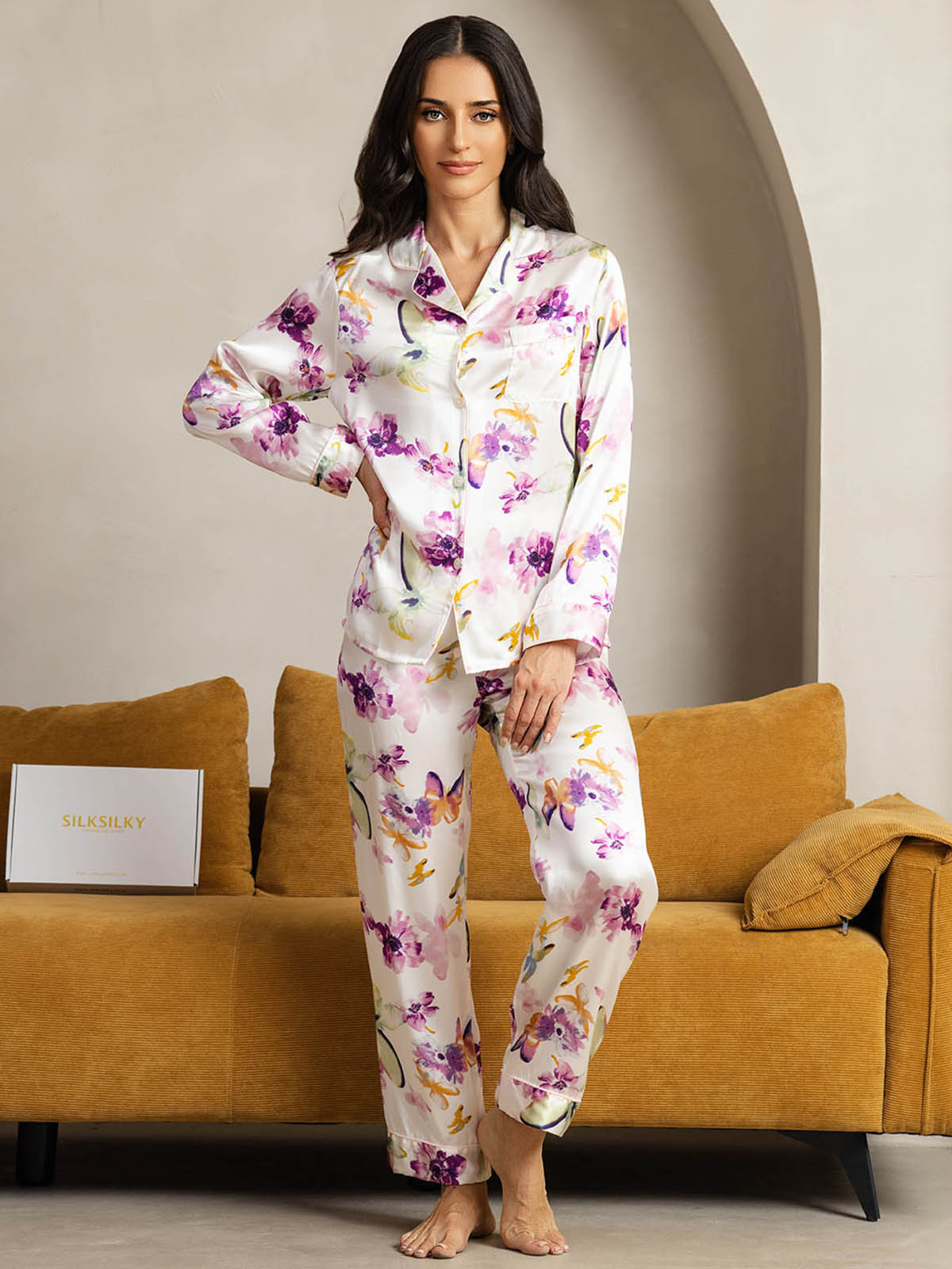 [Aquarellblumen] SilkSilky-DE Reine Seide Womens Pajamas 004