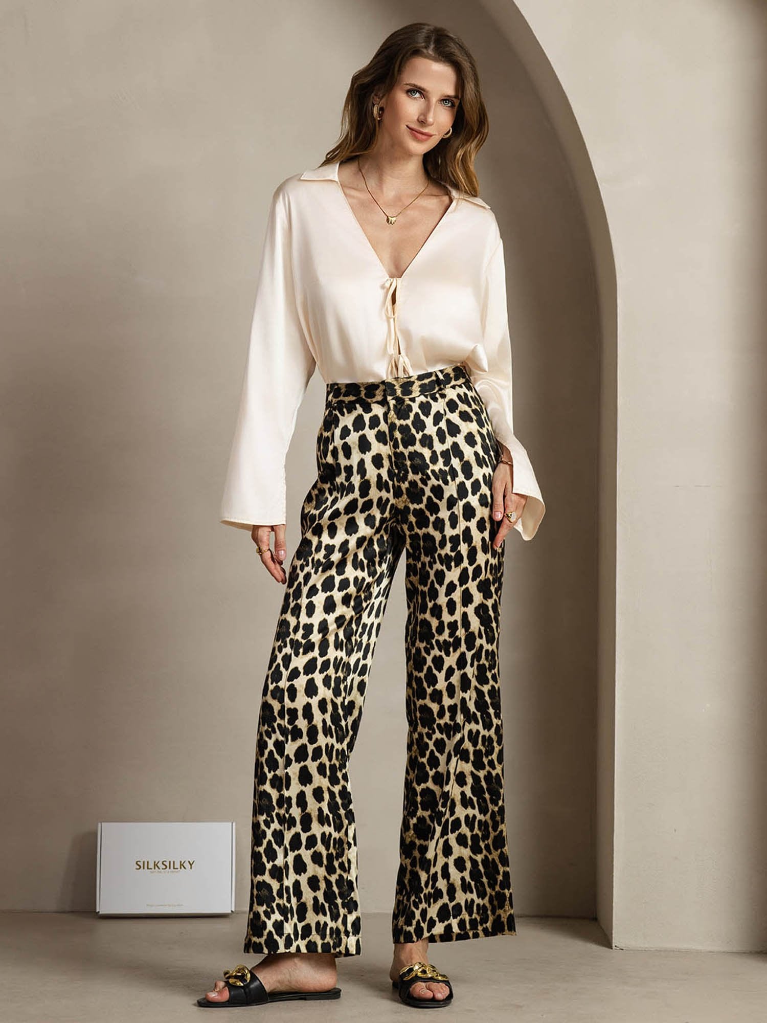 [Leopard] SilkSilky-DE 19Momme Seide Womens Pants 004