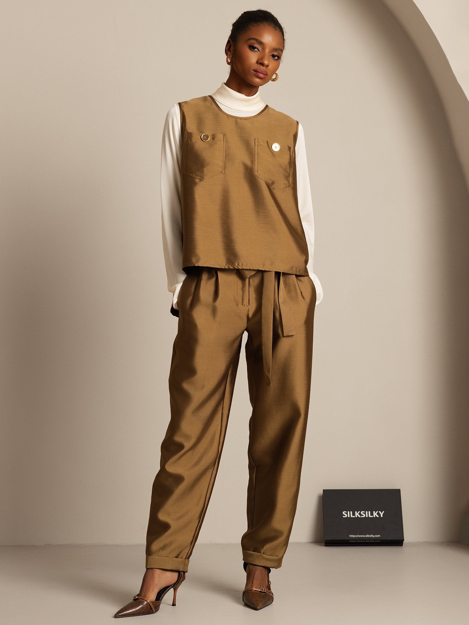 [Bronze] SilkSilky-DE 32Momme Silk-Wool Blend Womens Vest 005,