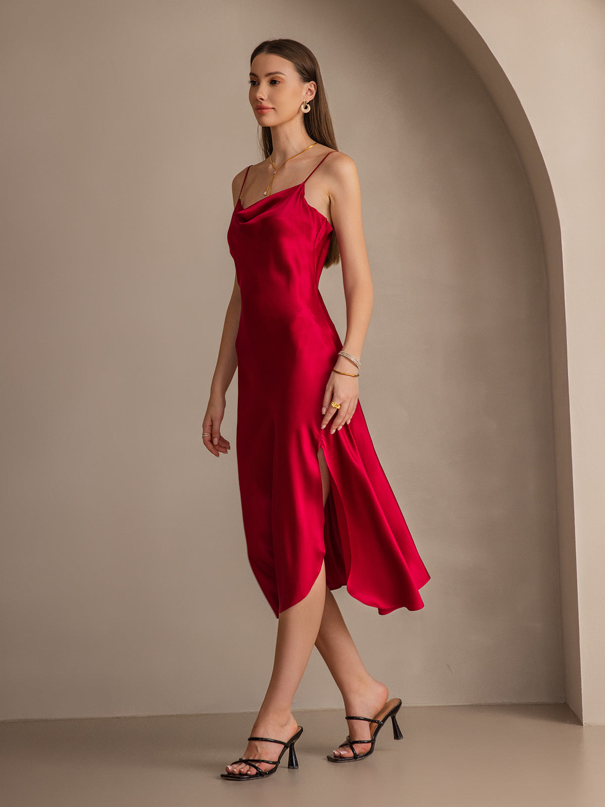 [Rotwein] SilkSilky-DE 19Momme Reine Seide Dress 008