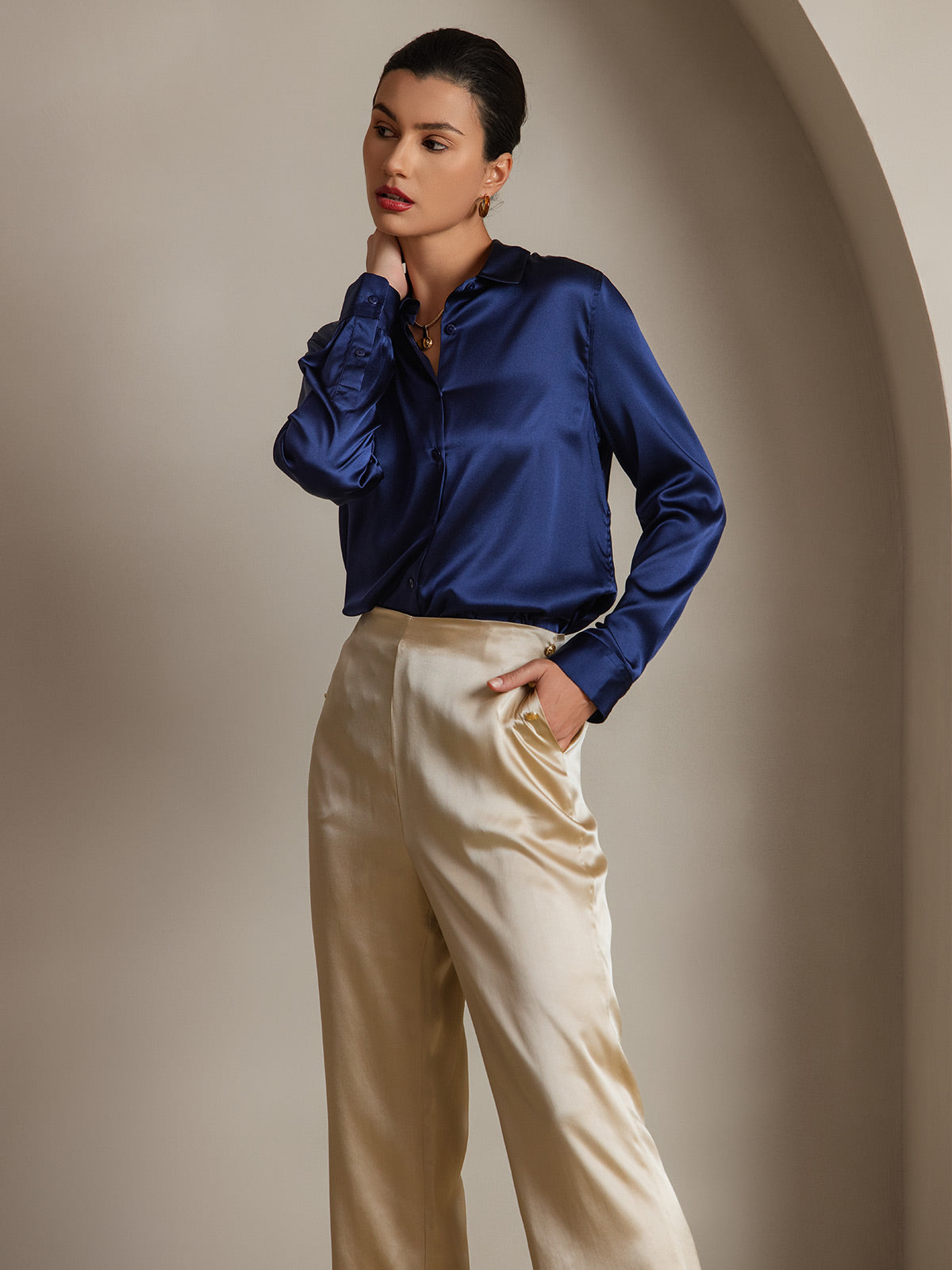 [Dunkelblau] SilkSilky-DE Seide Langärmelig Umlegekragen Damenhemd 005