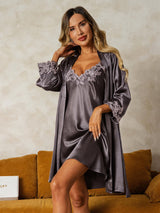 [Lilagrau] SilkSilky-DE 3/4 Sleeve V Neck Nachthemd&Morgenmantel Set 001
