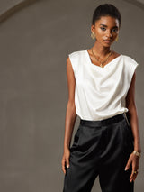 [Weiß] SilkSilky-DE Cap Sleeve Cowl Neck T-Shirt 005