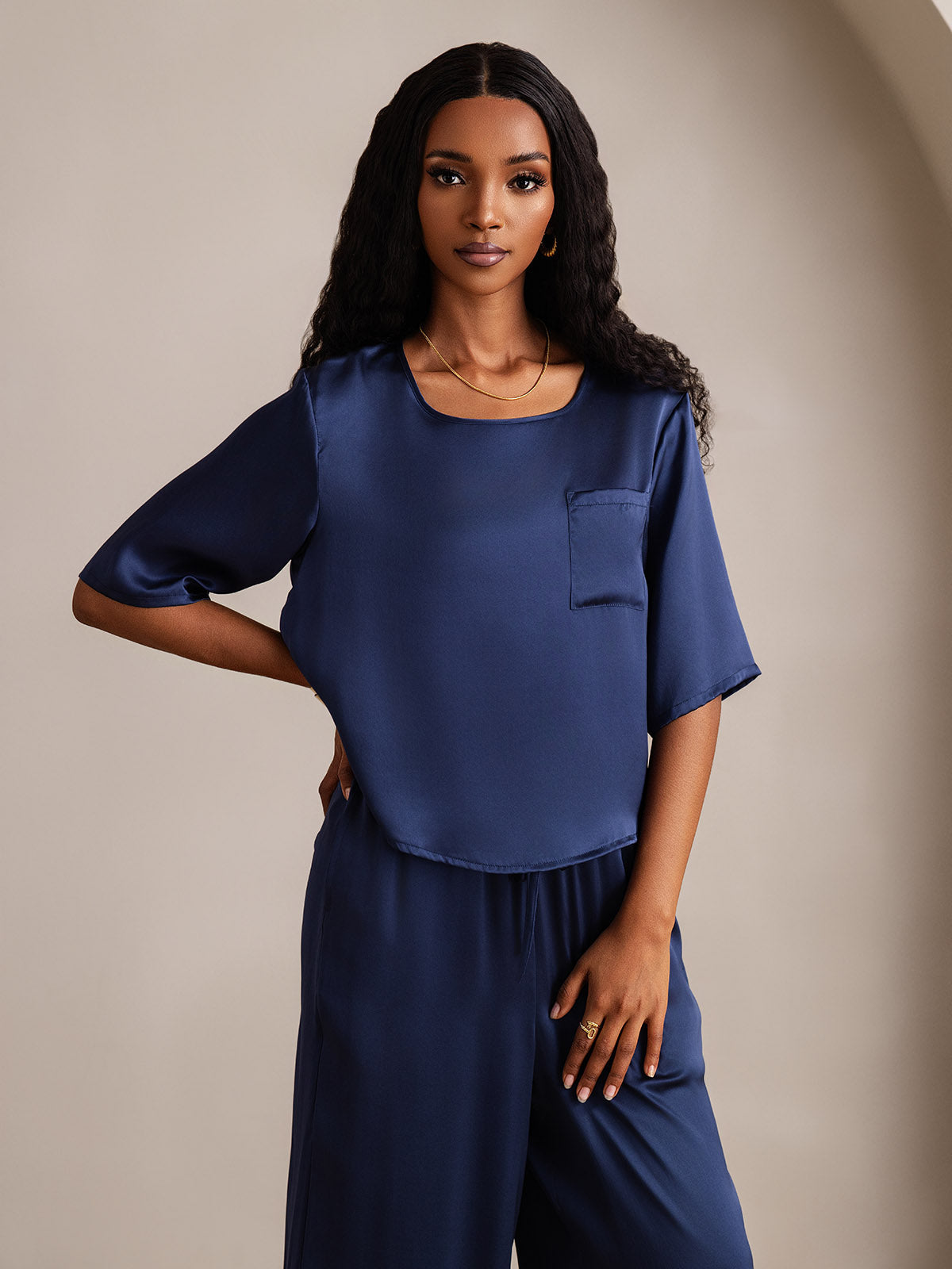 [Dunkelblau] SilkSilky-DE Reine Seide Womens Pajamas 007