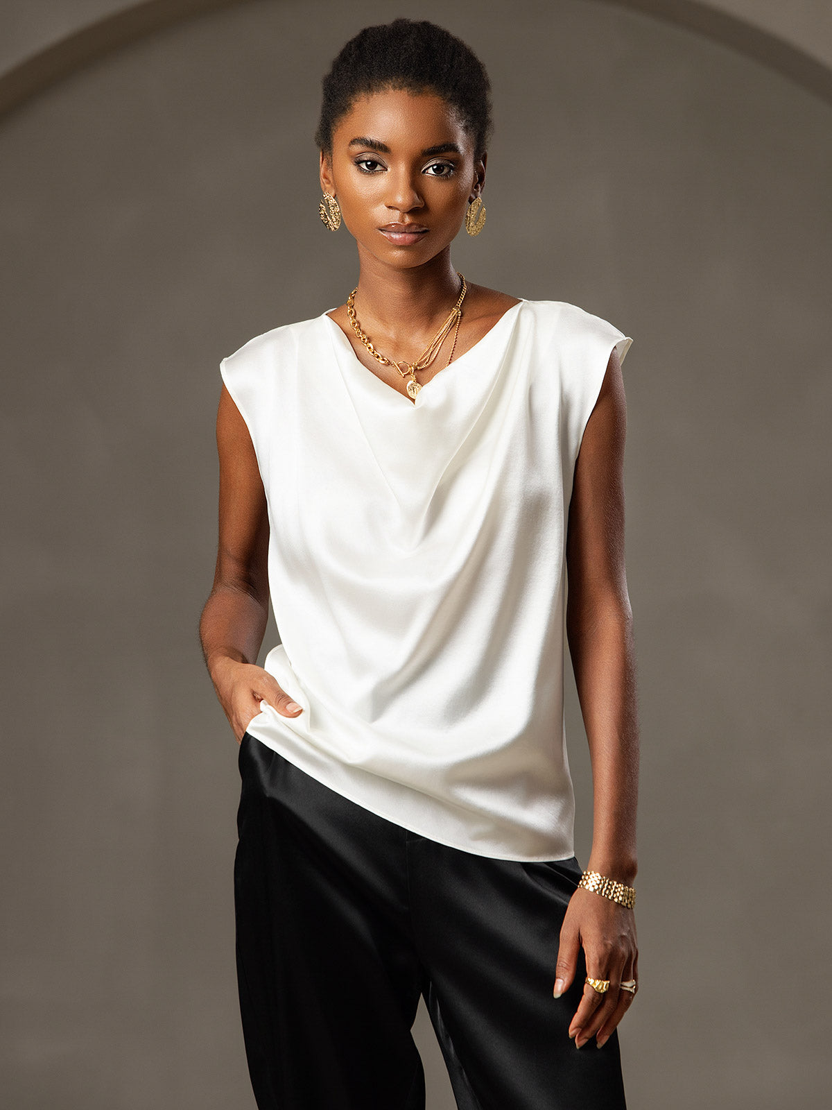 [Weiß] SilkSilky-DE 19Momme Seide Womens T-Shirt 004