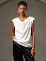 [Weiß] SilkSilky-DE Cap Sleeve Cowl Neck T-Shirt 004