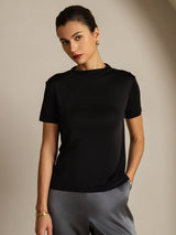 [Schwarz] SilkSilky-DE 100% Silk Jersey Short Sleeve Mock Neck T-Shirt 001