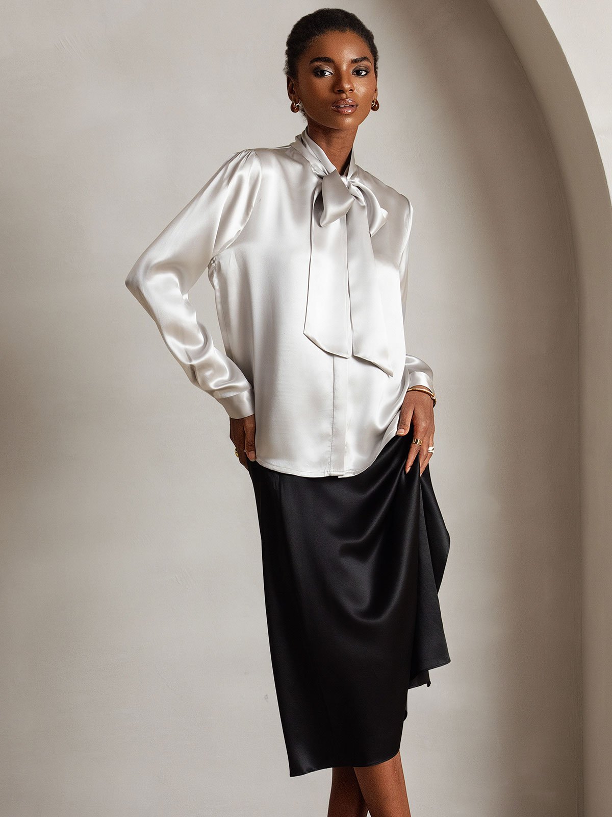 [Hellgrau] SilkSilky-DE 19Momme Seide Langärmelig Blouse 004