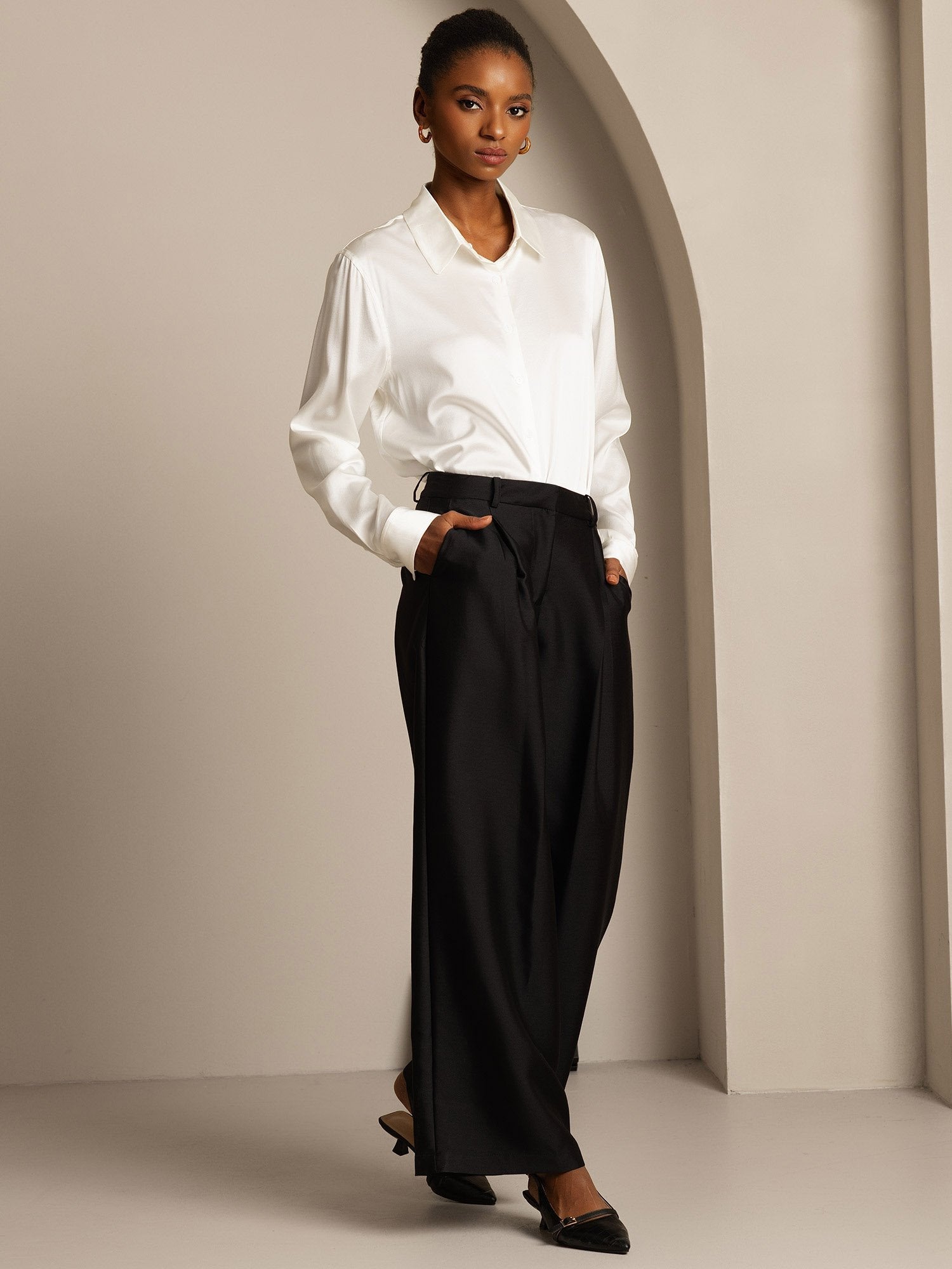 [Schwarz] SilkSilky-DE 32Momme Silk-Wool Blend Womens Pants 006,