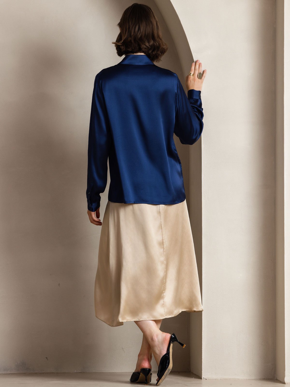 [Dunkelblau] SilkSilky-DE Long Sleeve Lapel Collar Damenhemd 002