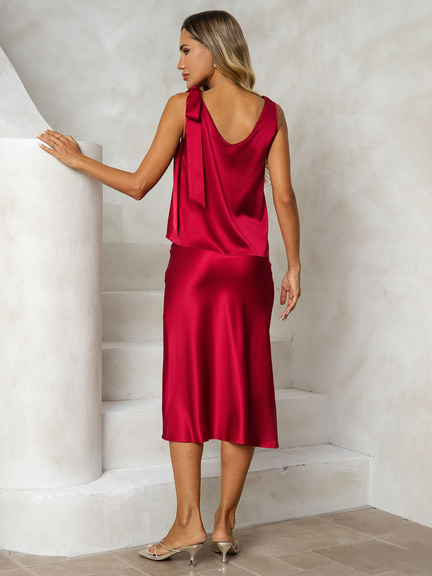 [Rotwein] SilkSilky-DE 19Momme Seide V Ausschnitt Women''s Outfit Sets 002