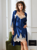 SilkSilky DE Reine Seide 3/4 lange Ärmel Nightgown&Robe Set Dunkelblau 006