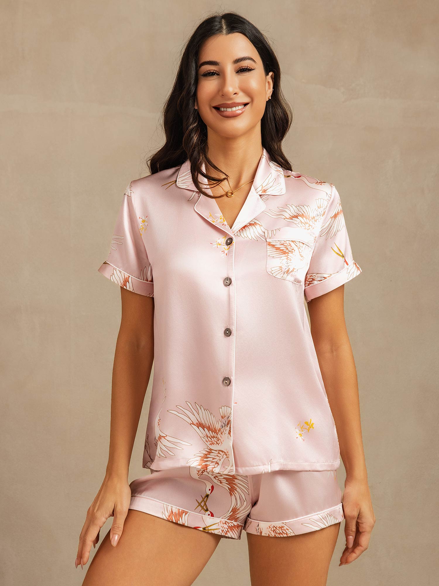 [Rosa] SilkSilky-DE Short Sleeve Notch-Kragen Damen Pyjamas 001