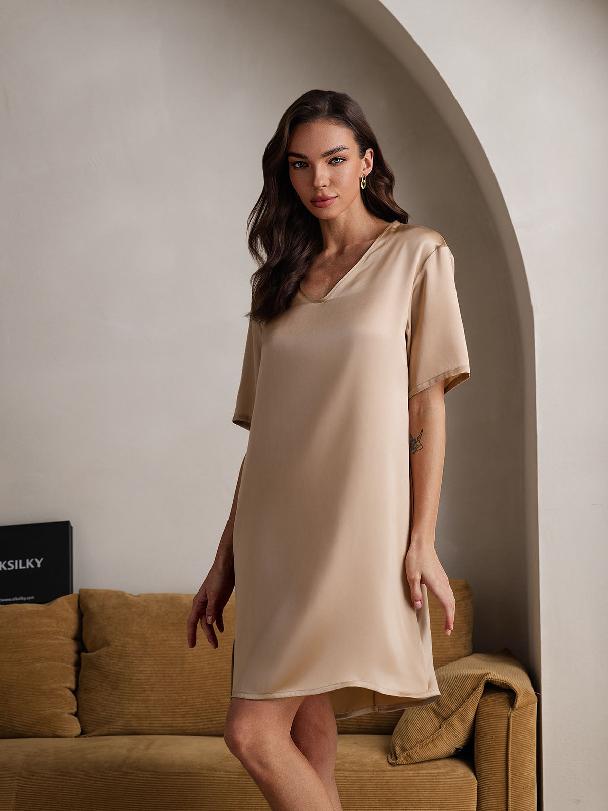[Champagner] SilkSilky-DE Reine Seide V Ausschnitt Nachthemden 005