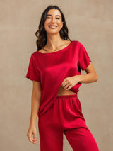[Rotwein] SilkSilky-DE 19Momme Kurzärmelig Damen Pyjamas 008