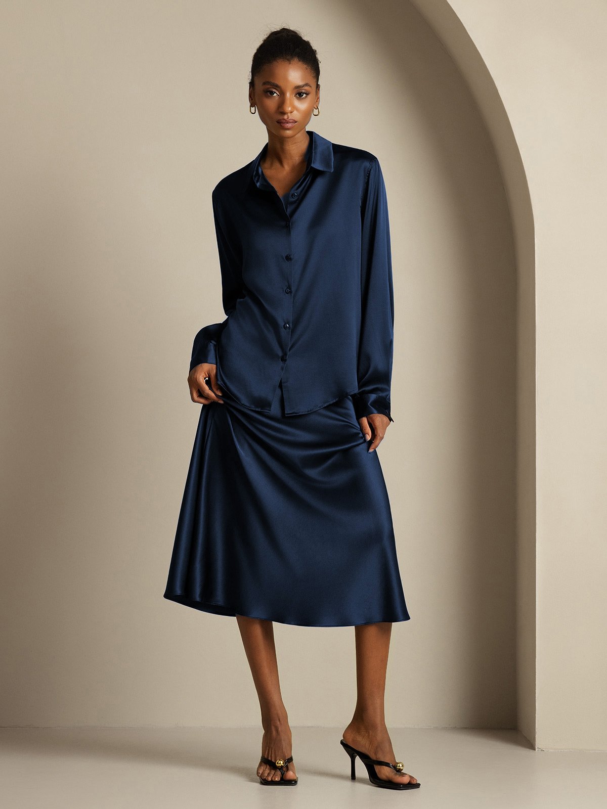 [Dunkelblau] SilkSilky-DE 19Momme Seidenstrick Umlegekragen Women''s Outfit Sets 007,
