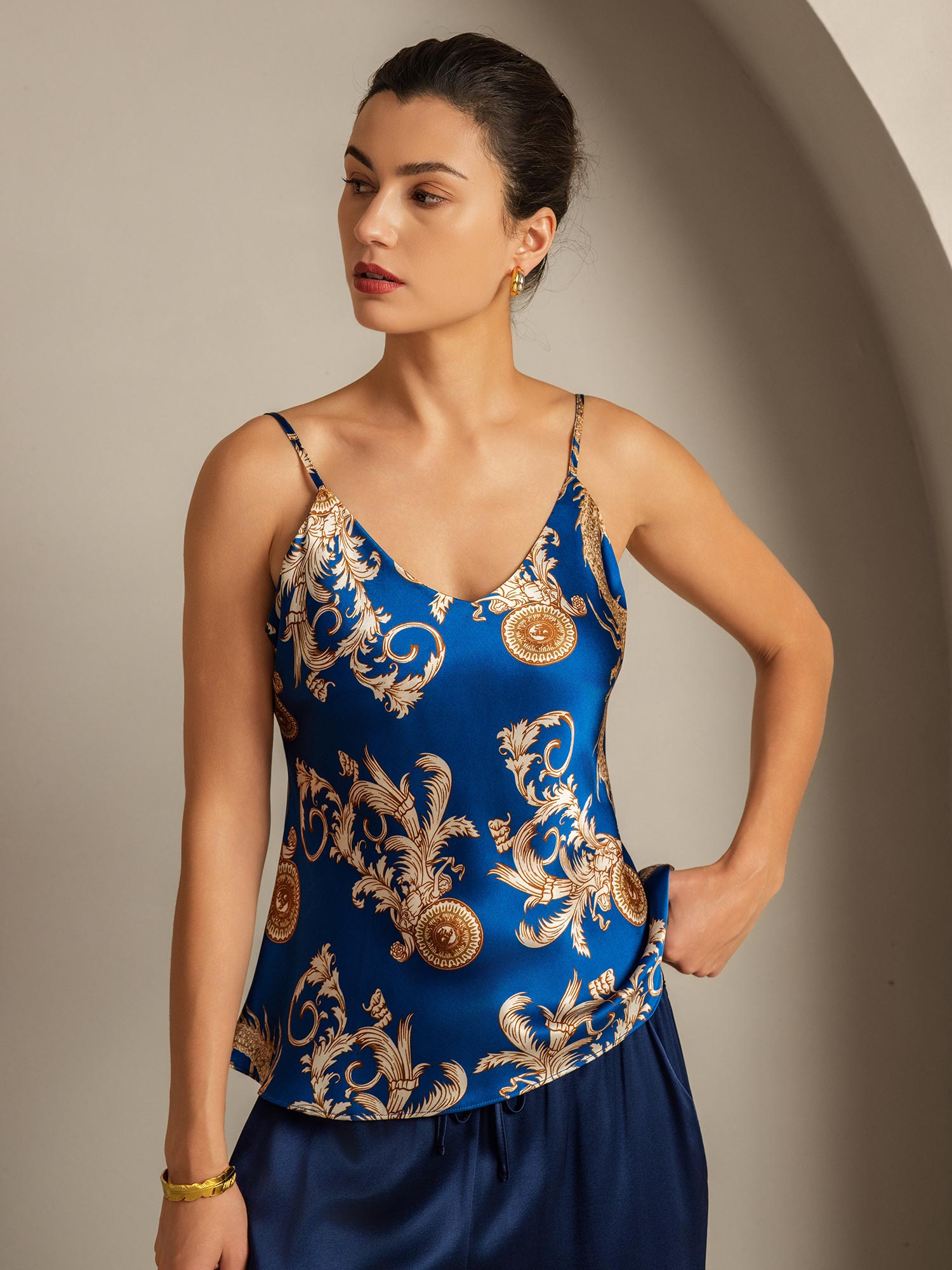 [Navy Drache] SilkSilky-DE Reine Seide V Ausschnitt Cami Top 001,