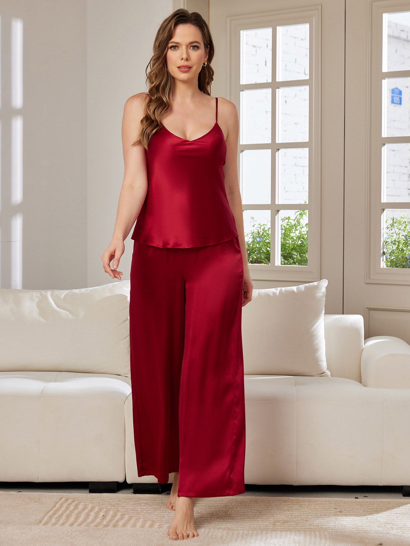 SilkSilky DE Reine Seide Ärmellos V Ausschnitt Camisole Set Rotwein 003