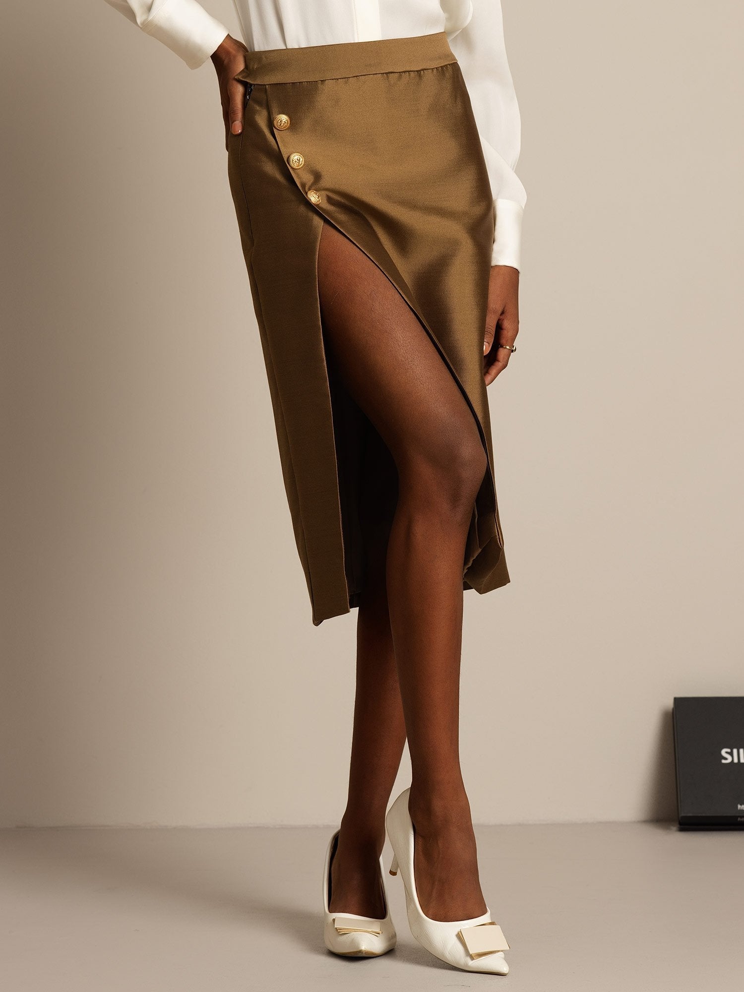 [Bronze] SilkSilky-DE 32Momme Silk-Wool Blend Skirt 005,