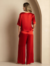 [Rotwein] SilkSilky-DE Half Sleeve Round Neck Damen Pyjamas 002
