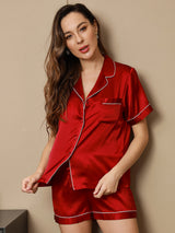 [Rotwein] SilkSilky-DE Kurzärmelig Notch-Kragen Damen Pyjamas 004