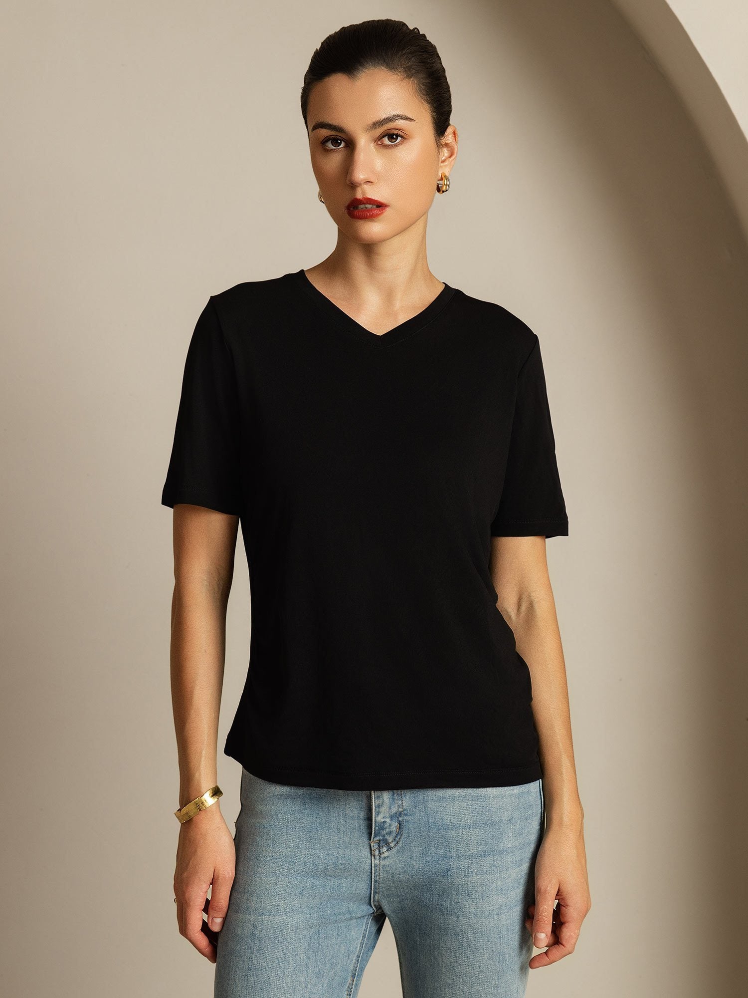 [Schwarz] SilkSilky-DE Reine Seide V Ausschnitt T-Shirt 005
