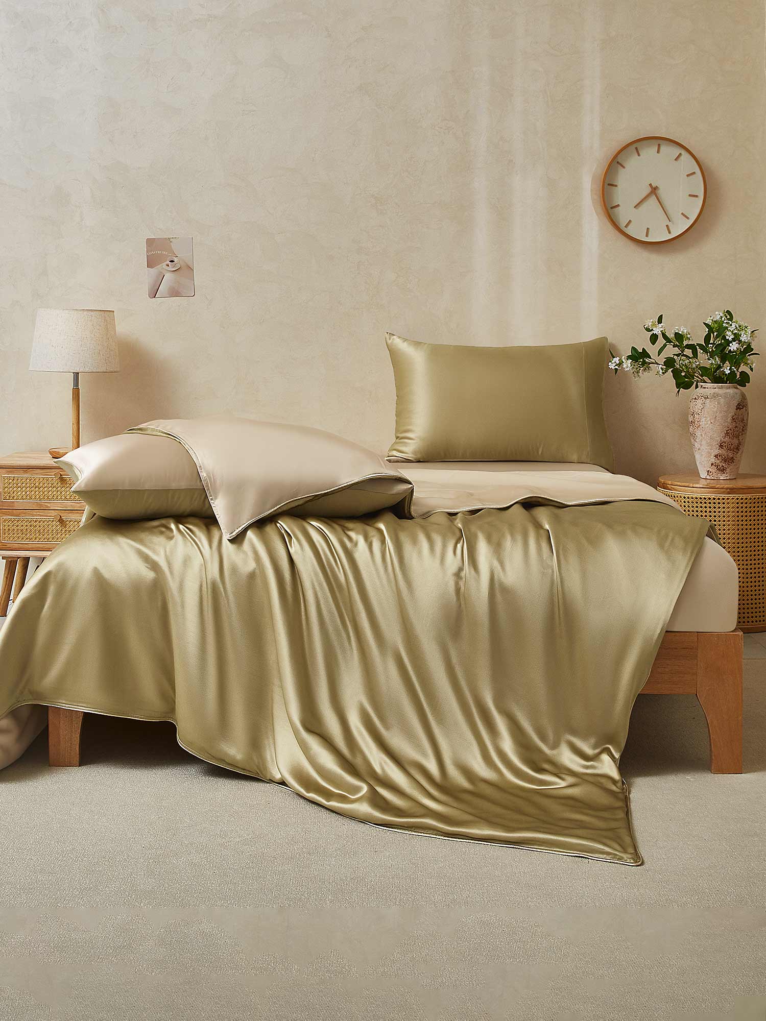 [Beige+Khaki] SilkSilky-DE 19Momme Reine Seide Bedding Set 002,