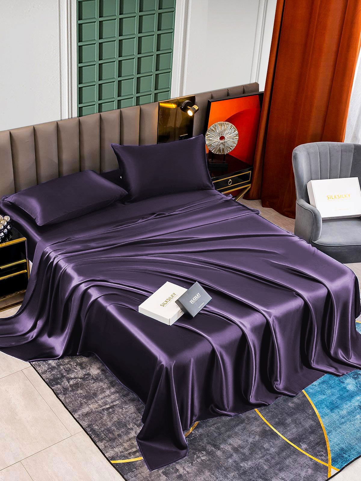 [Dunkelviolett] SilkSilky-DE 22Momme Reine Seide Bedding Set 002,